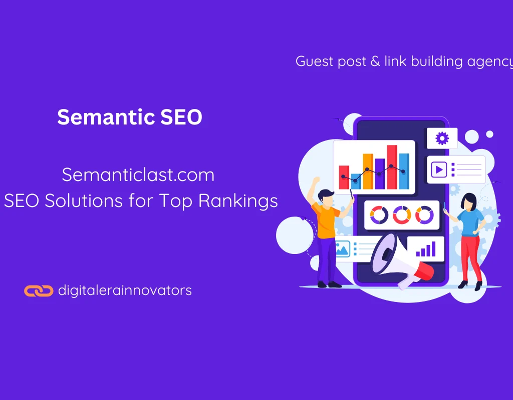 Illustration showing people analyzing SEO charts on a screen with graphs and data, representing Semantic SEO solutions by Semanticlast.com for top rankings.