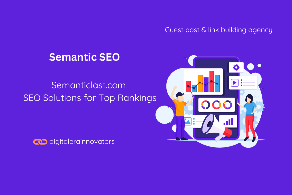 Illustration showing people analyzing SEO charts on a screen with graphs and data, representing Semantic SEO solutions by Semanticlast.com for top rankings.