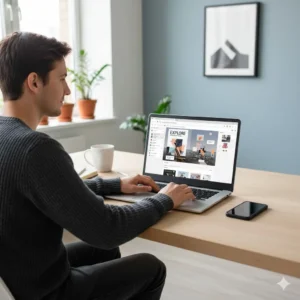 Person using Flipsnack on a laptop to design and publish interactive digital flipbooks online.